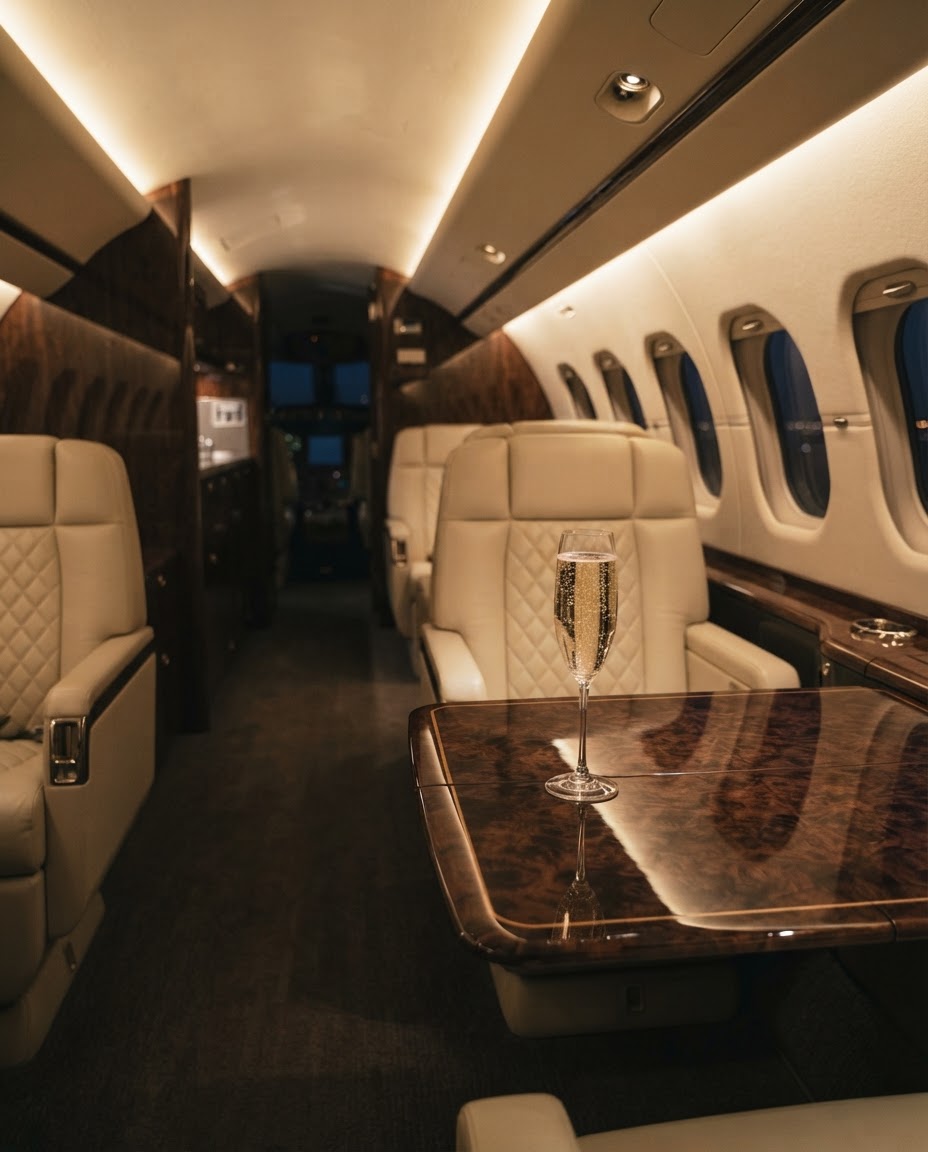 Private dining with champagne on polished wood