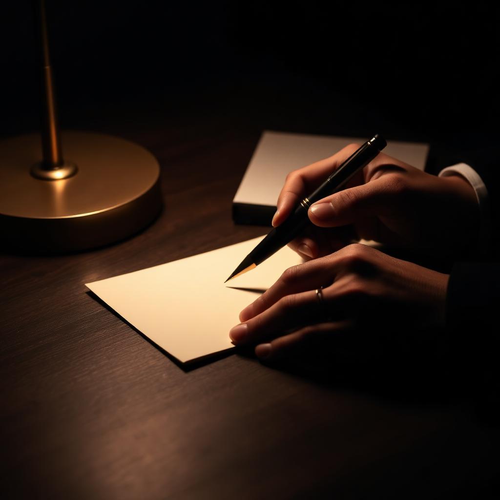 A hand writing on cream stationery in lamp light